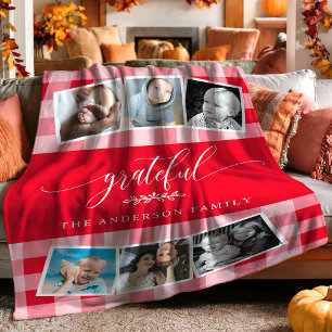 Grateful Red Kariert Fall Family 6 Foto Collage Fleecedecke