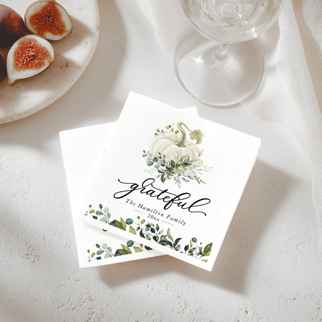 Grateful White Pumpkin Greenery Erntedank Serviette (Von Creator hochgeladen)