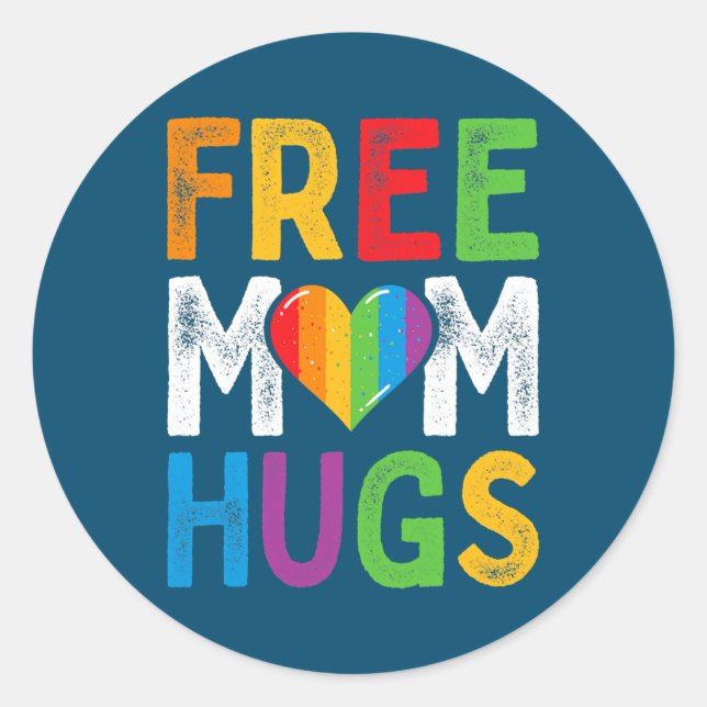 Gratis Mama Hugs Regenbogen Herz LGBT Ally Pride M Runder Aufkleber (Vorderseite)