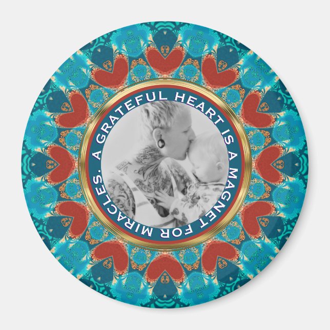 Gratitude Aqua Teal Mandala Custom Words & Photo Magnet (Vorne)