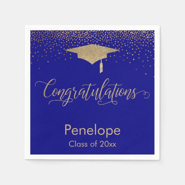 Gratulation Gold Confetti Graduation Cap Blue Serviette (Vorderseite)