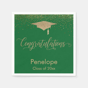 Gratulation Gold Confetti Graduation Cap Green Serviette