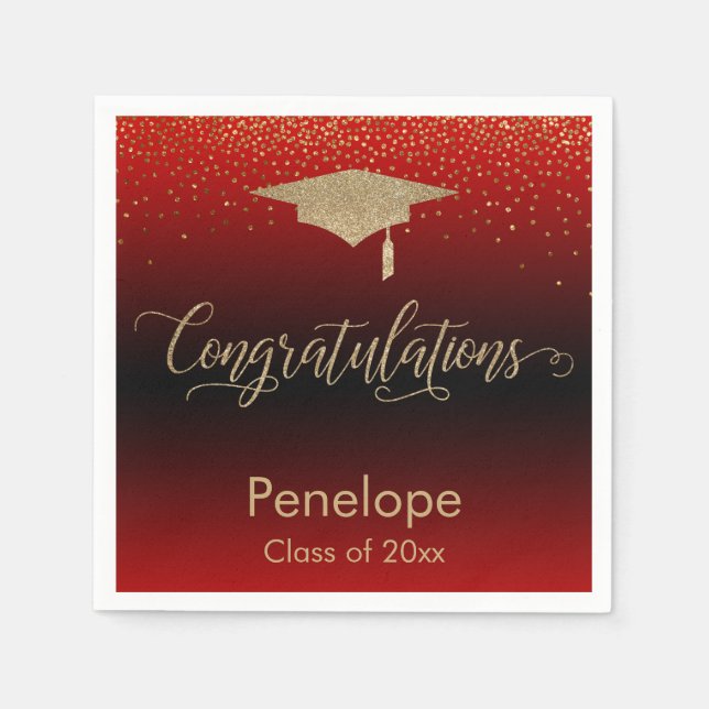 Gratulation Gold Confetti Graduation Cap Red Serviette (Vorderseite)