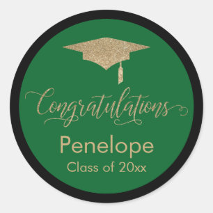 Gratulation Gold Graduation Cap Green Runder Aufkleber