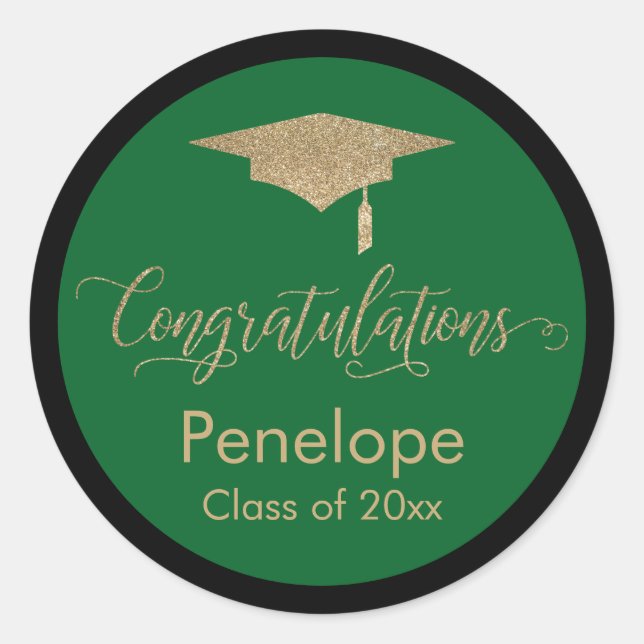 Gratulation Gold Graduation Cap Green Runder Aufkleber (Vorderseite)