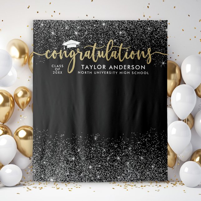 Gratulation Gold Script Black Graduation Party Wandteppich (Von Creator hochgeladen)