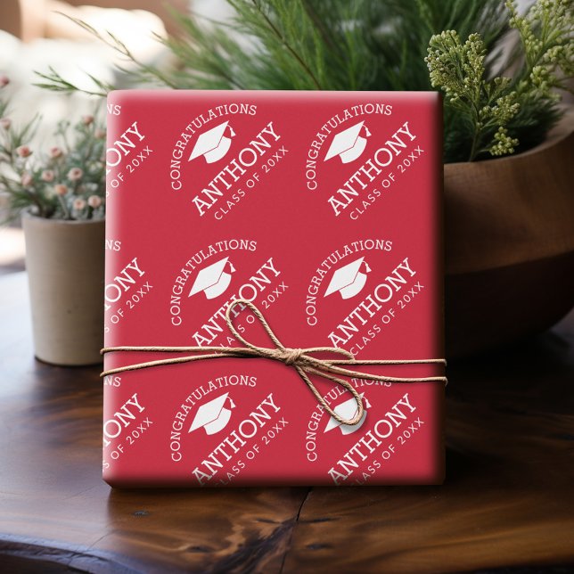 Gratulation Graduate Graduation Cap rot weiß Geschenkpapier (Personalized Wrapping Paper)