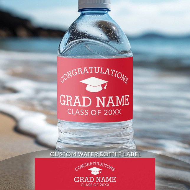 Gratulation Graduate Graduation Cap rot weiß Wasserflaschenetikett (Custom Graduation Water Bottle Label)