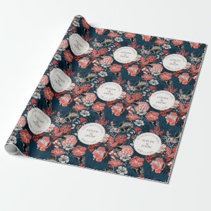 Gratulation Navy Blau Blumenmuster Geschenkpapier
