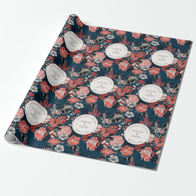 Gratulation Navy Blau Blumenmuster Geschenkpapier (Ungerollt)