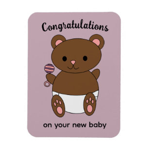 Gratulation New Baby Girl Bear Pink Lila Magnet