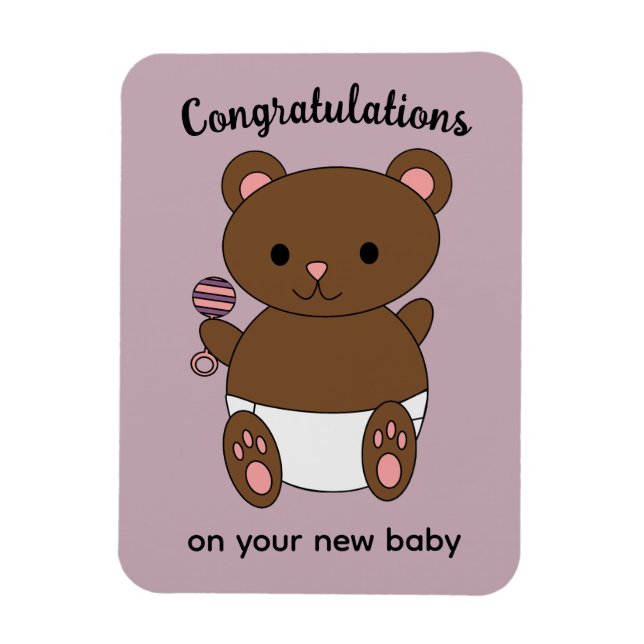 Gratulation New Baby Girl Bear Pink Lila Magnet (Vertikal)