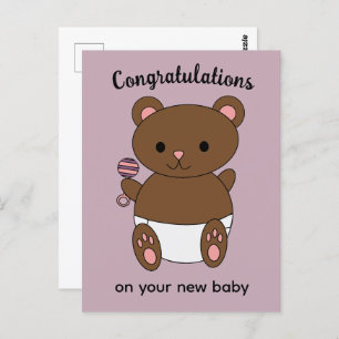 Gratulation New Baby Girl Bear Pink Postkarte