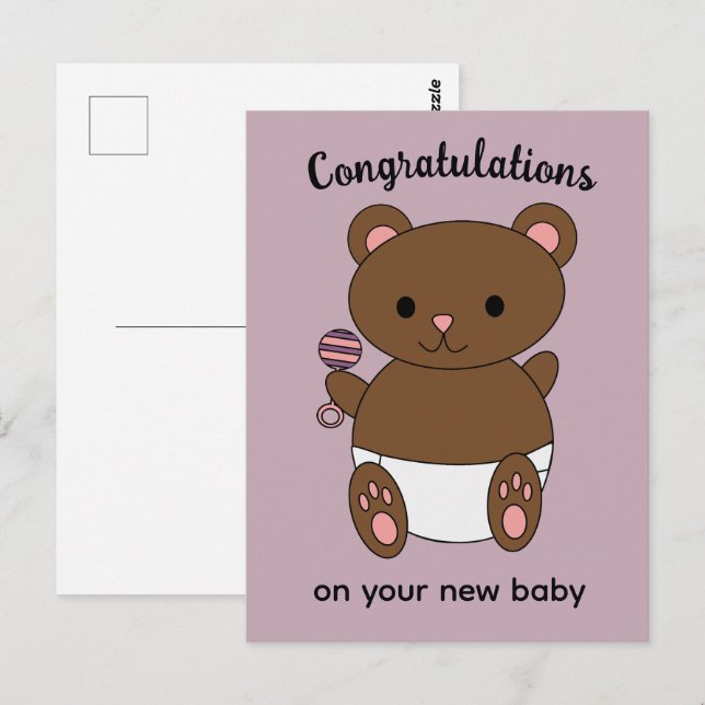 Gratulation New Baby Girl Bear Pink Postkarte (Vorne/Hinten)