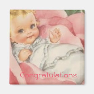 Gratulation New Baby Girl Pink Vintag Magnet