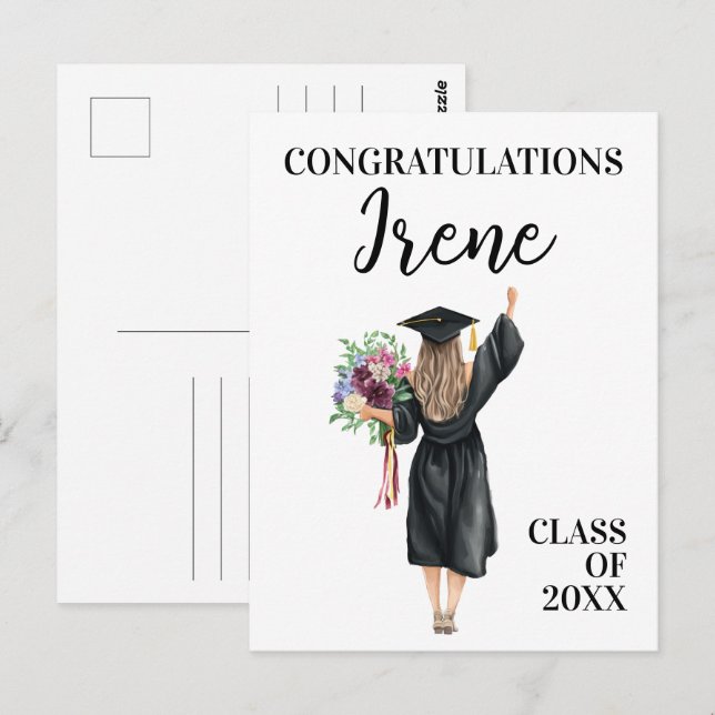 Gratulation Watercolor Graduate Girl Blume Postkarte (Vorne/Hinten)