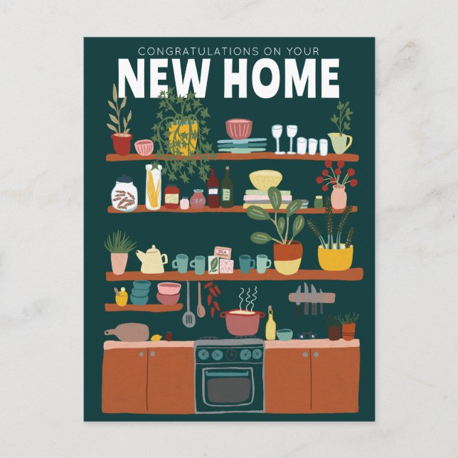 GRATULATIONEN NEUE ZUHAUSE MOVING Niedlich Kitchen Postkarte (Vorderseite)