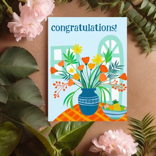 GRATULATIONEN Niedliche Blumenstrauß Spaß Custom Postkarte (Colorful fun congratulations card with vase of flowers, customize this postcard with your own text)
