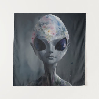 Grau Alien Watercolor Blumenportrait Wandteppich
