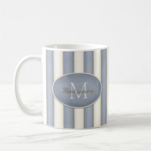 Grau & Antique-Weiß gestreifte oval gerahmte Monog Kaffeetasse