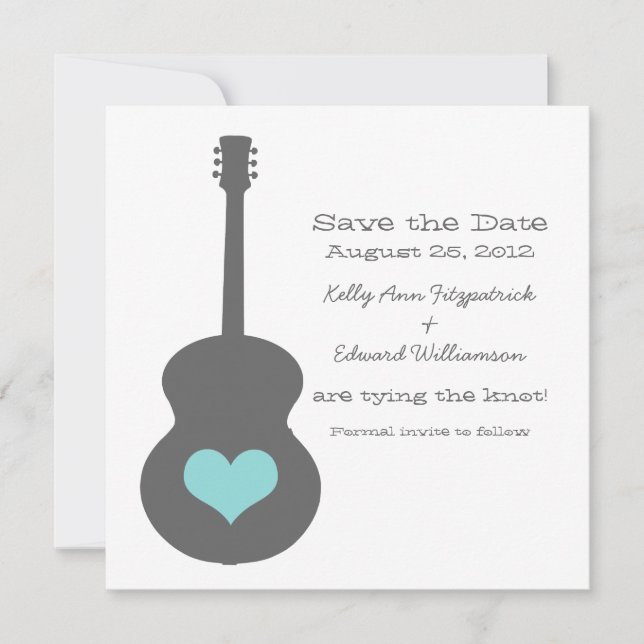 Grau/Aqua Gitarrenherz Save the Date einladen (Vorderseite)