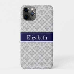 Grau auf Gray Damask #3 Navy Blue Name Monogram Case-Mate iPhone Hülle