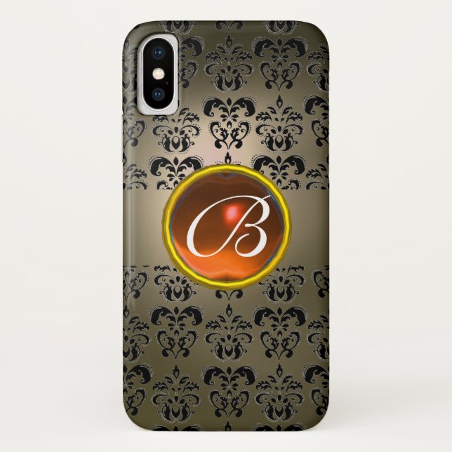 GRAU BLACK DAMASK ORANGE GEM MONOGRAM Case-Mate iPhone HÜLLE (Rückseite)
