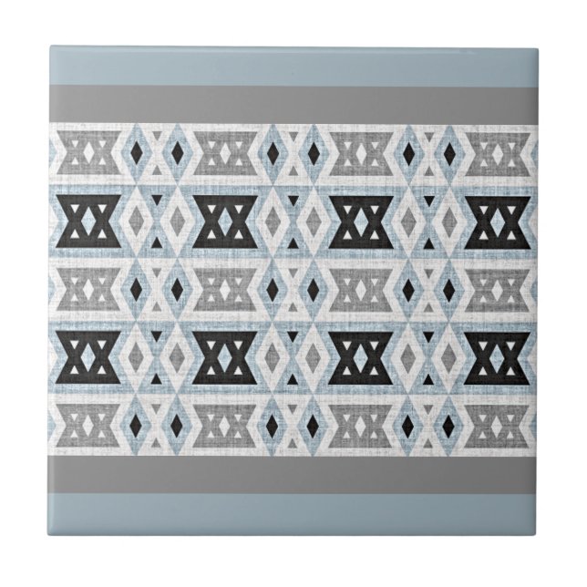 Grau Black Light Blue White Ethnic Stamm Art Fliese (Vorderseite)
