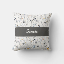 Grau Blau Aquarell Wildblumen Monogramm Name Kissen