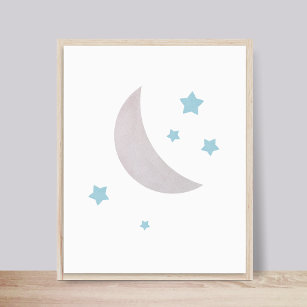Grau & Blau   Moon and Stars Kinderzimmer Poster