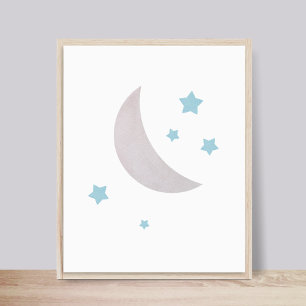 Grau & Blau Moon and Stars Kinderzimmer Poster