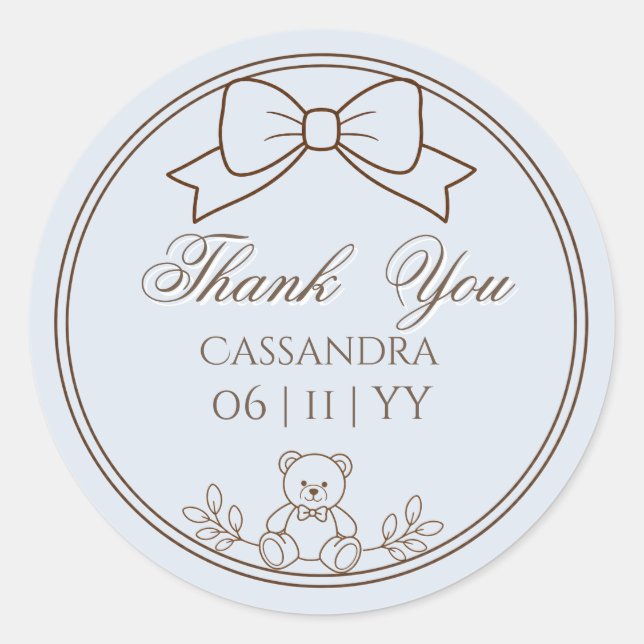 Grau Blau Personalisierter Teddybär-Bogen Runder Aufkleber (Vorderseite)