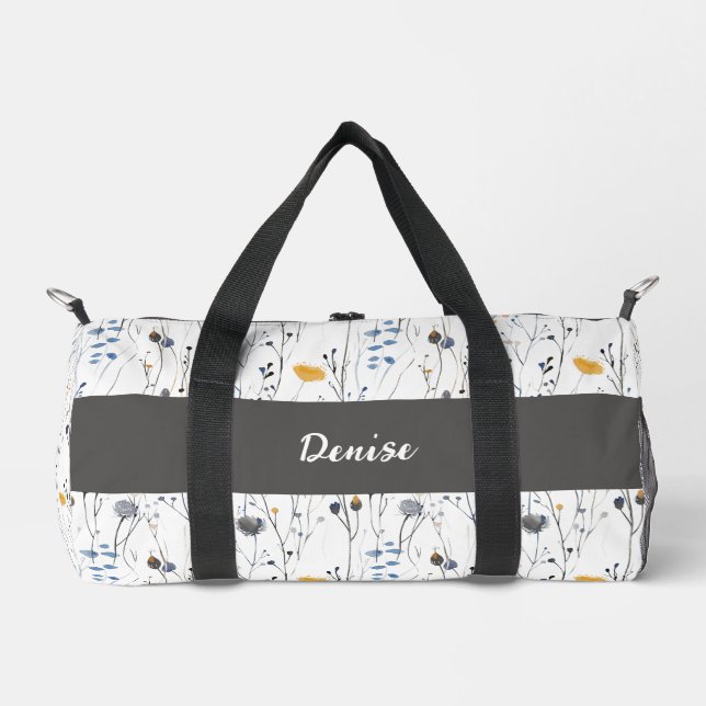 Grau-blaue Aquarell-Wildblumen-Monogramm Duffle Bag (Vorderseite)