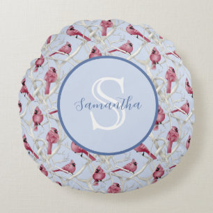 Grau Blaue Kardinalvögel Personalisiertes Monogram Rundes Kissen