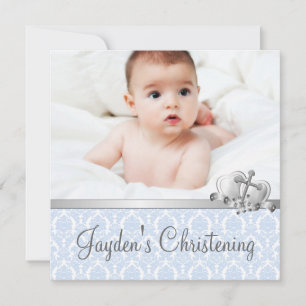 Grau Blue Damask Boys Foto Christening Einladung