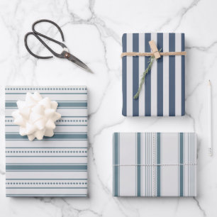 Grau Blue Farmhouse Streifen Geschenkpapier Set