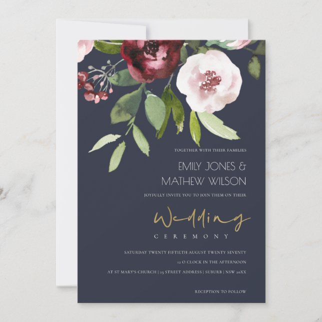 GRAU BLUSH PINK BURGUNDY PEONY FLORAL WEDD EINLADUNG (Vorderseite)