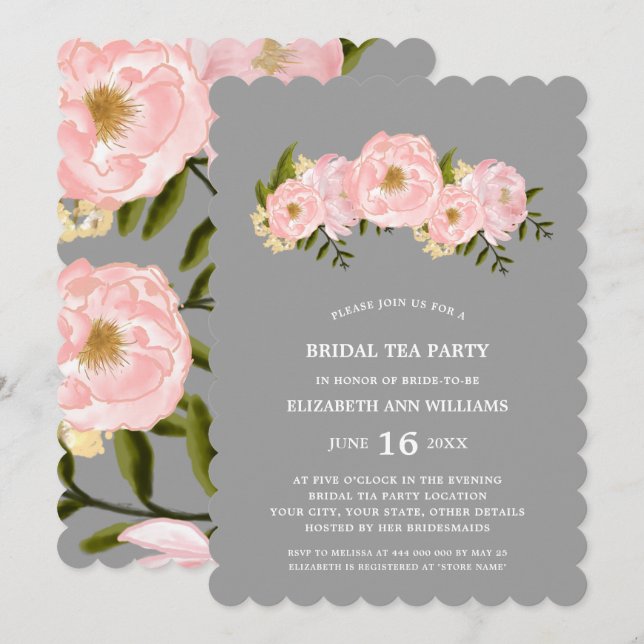 Grau | Blush Pink Peonies Bridal Tee Party Einladung (Vorne/Hinten)