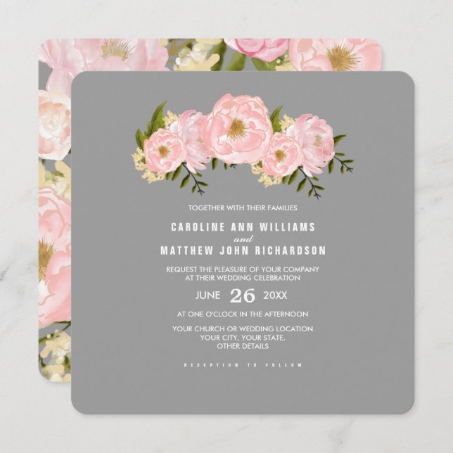 Grau | Blush Pink Peonies Watercolor Wedding Einladung (Vorne/Hinten)