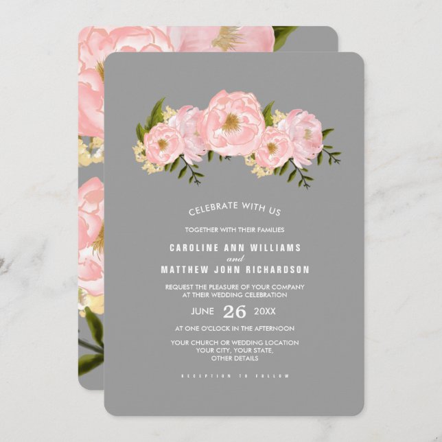Grau | Blush Pink Peonies Watercolor Wedding Einladung (Vorne/Hinten)