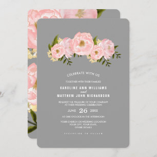 Grau   Blush Pink Peonies Watercolor Wedding Einladung