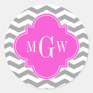 Grau Chevron Hot Pink Quatrefoil 3 Monogram Tn Runder Aufkleber