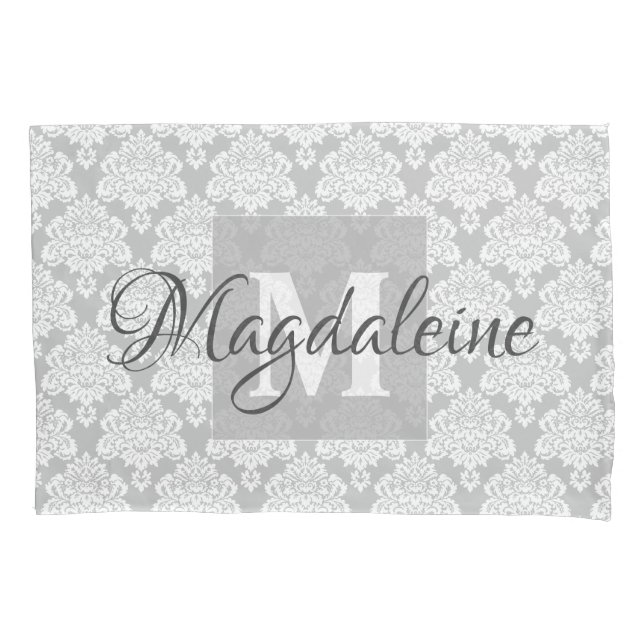 Grau Damask Kissen mit Monogramm und Name Kissenbezug (Vorderseite)