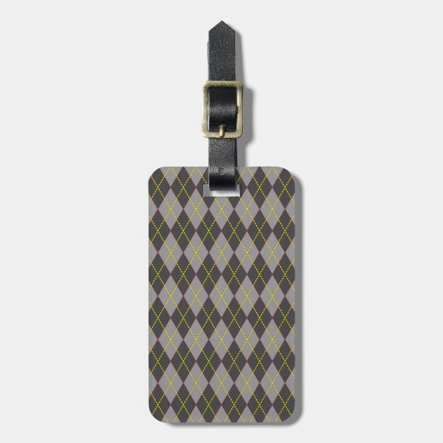 Grau Diamond Tartan Gepäckanhänger mit Ledergurt (Vorderseite vertikal)