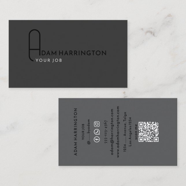 Grau | Elegante Standard QR Code Business Card Visitenkarte (Vorne/Hinten)