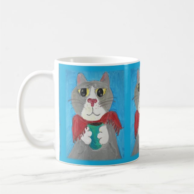 Grau Folk Art Cat mit Kaffee Gemütlich Niedlich Tasse (Links)