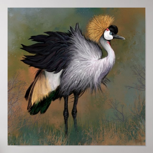 Grau gekrönter Kranich-Vogelposter-Malerei Poster (Vorne)