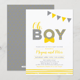 Grau & Gelb   Moderne Typografie Jungen-Baby-Party Einladung