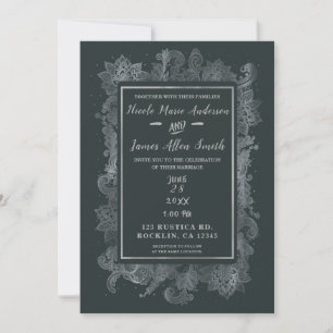 Grau & Glänzendes Silber Elegantes Florales Hochze Einladung