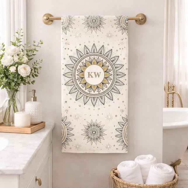 Grau Gold Mandala Muster Monogramm Badhandtuch Set (Von Creator hochgeladen)